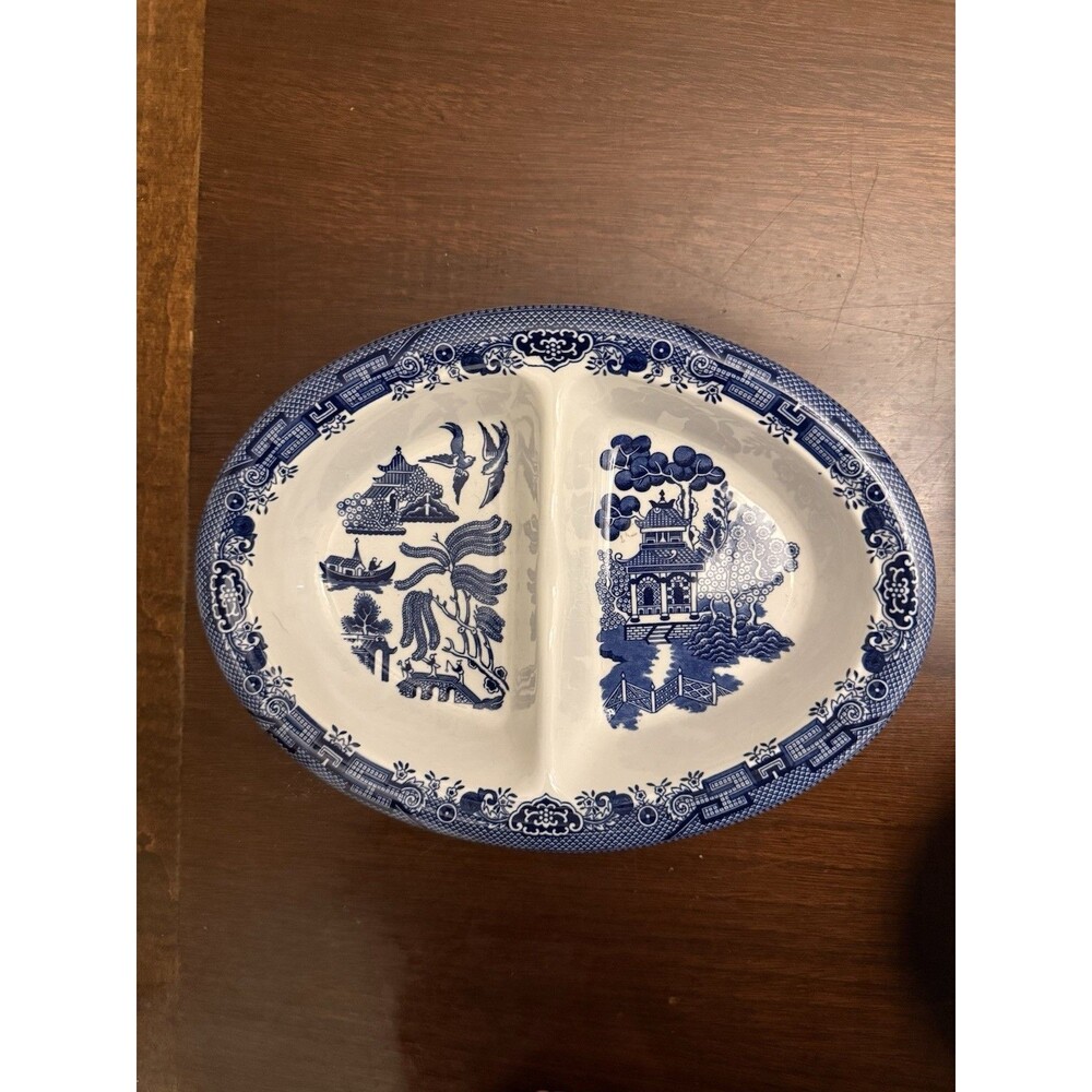 Churchill Blue Willow Divided Vegetable Serving Dish Tray Blue White England